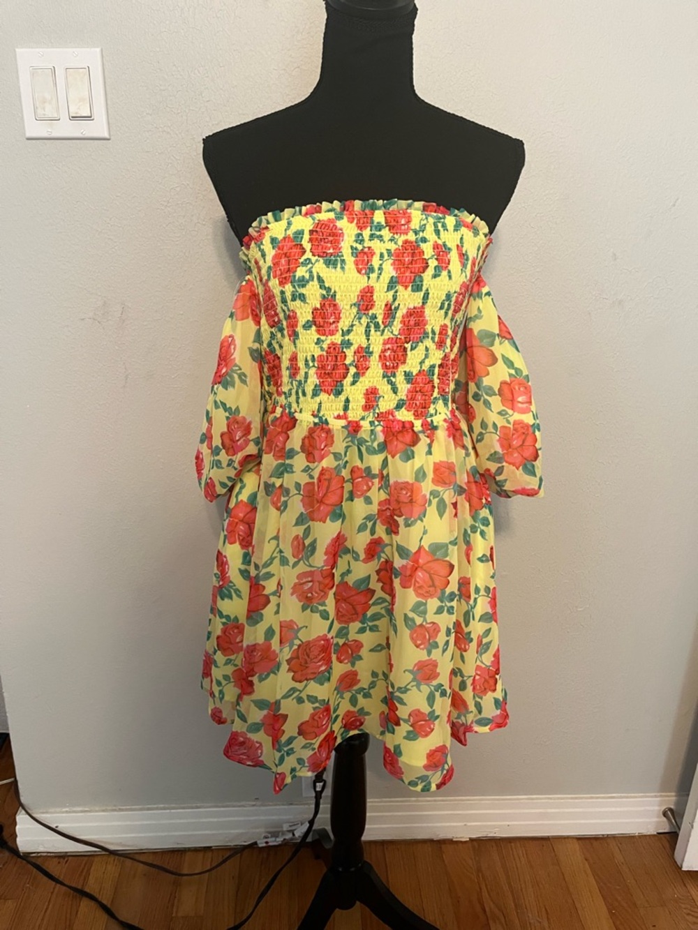 Betsey Johnson Floral Chiffon Off The Shoulder Puff Sleeve Mini Dress M Y2K